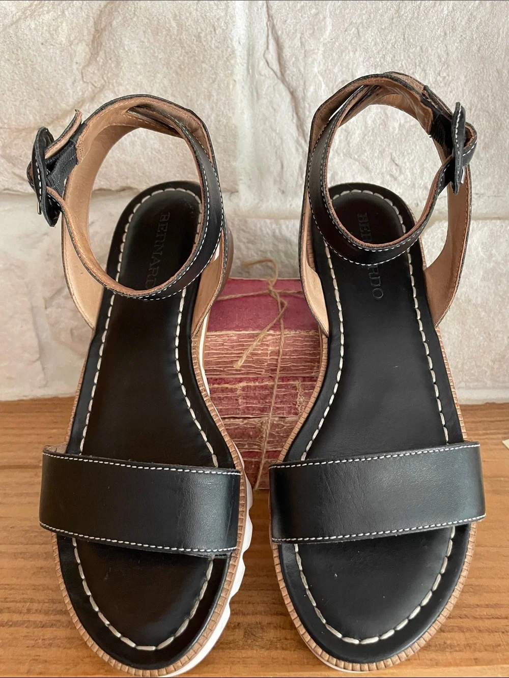 Bernardo Black Leather Ankle-Strap Sandals with Contrast Stitching